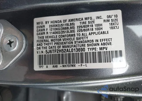 2010 Honda Accord Crosstour Ex-L из США, поврежденный, VIN 5J6TF2H52AL013690